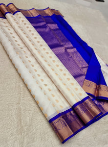 Classic White & Royal Blue Kanchipuram Handloom Silk Saree SS25815