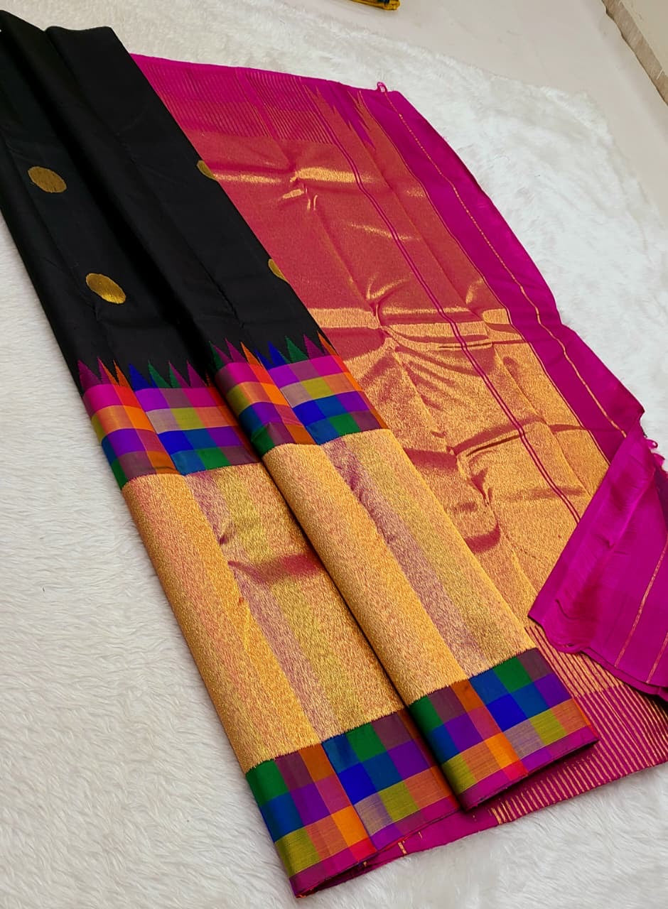 Classic Charcoal Black & Gold Pink 2gm Zari Kanchipuram Handloom Silk Saree SS26366