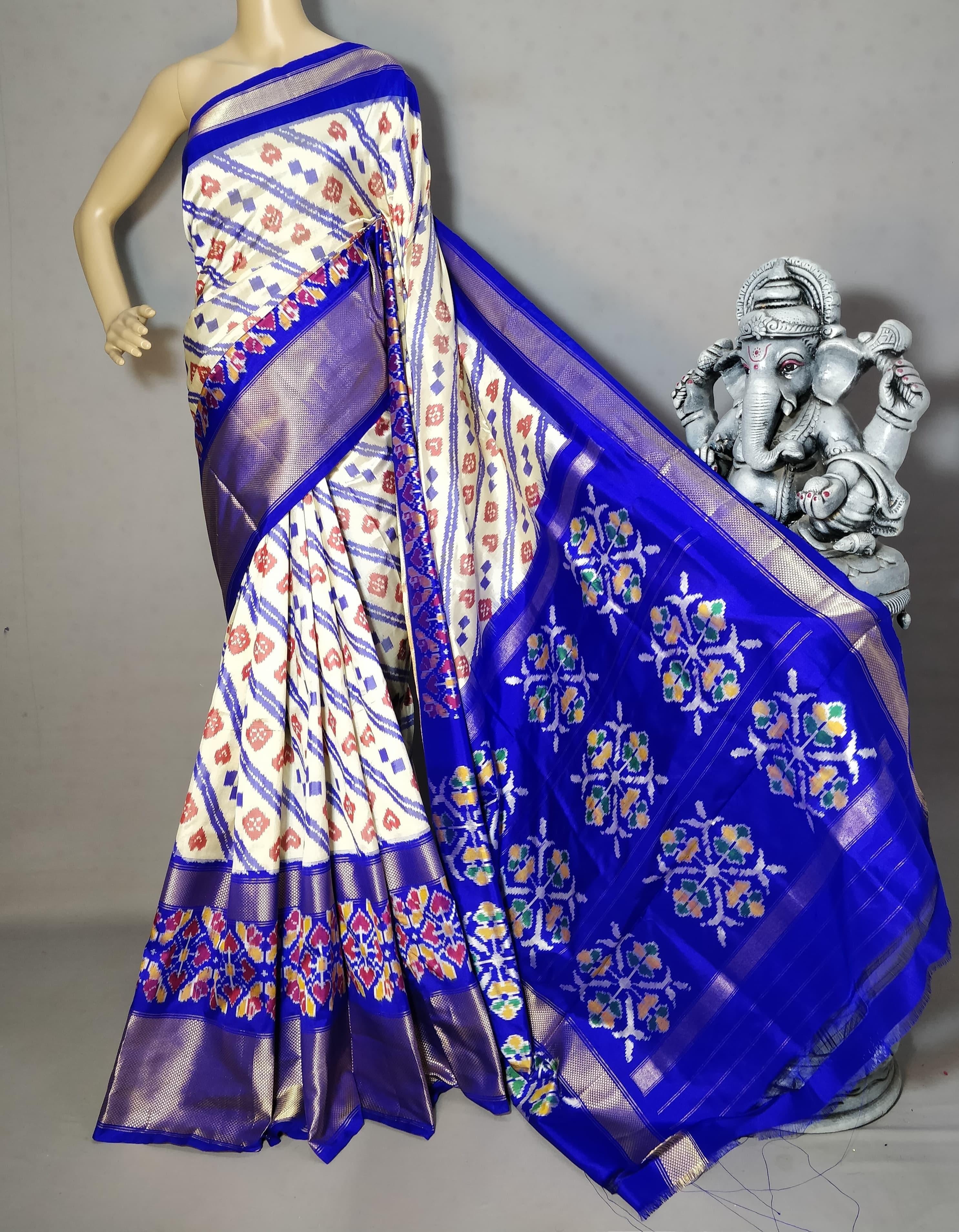 Classic White & Robin Blue Ikkat Elegance Handloom Soft Silk Saree SS23096