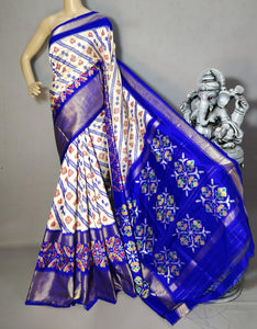 Classic White & Robin Blue Ikkat Elegance Handloom Soft Silk Saree SS23096