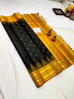 Load image into Gallery viewer, Classic Charcoal Black &amp; Mustard Korvai Temple Border Elegance Kanchipuram Handloom Silk Saree SS27995
