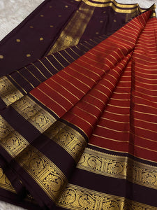 Classic Brick Orange & Dark Espresso Coffee Brown 2gm Zari Beldari Kanchipuram Handloom Silk Saree SS26422