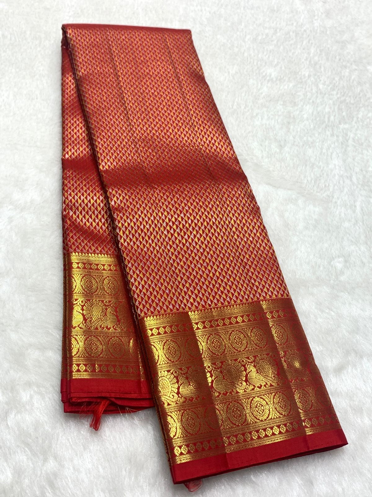 Classic Dark Orange Red 2gm Zari Bridal Elegance Kanchipuram Handloom Silk Saree SS26494