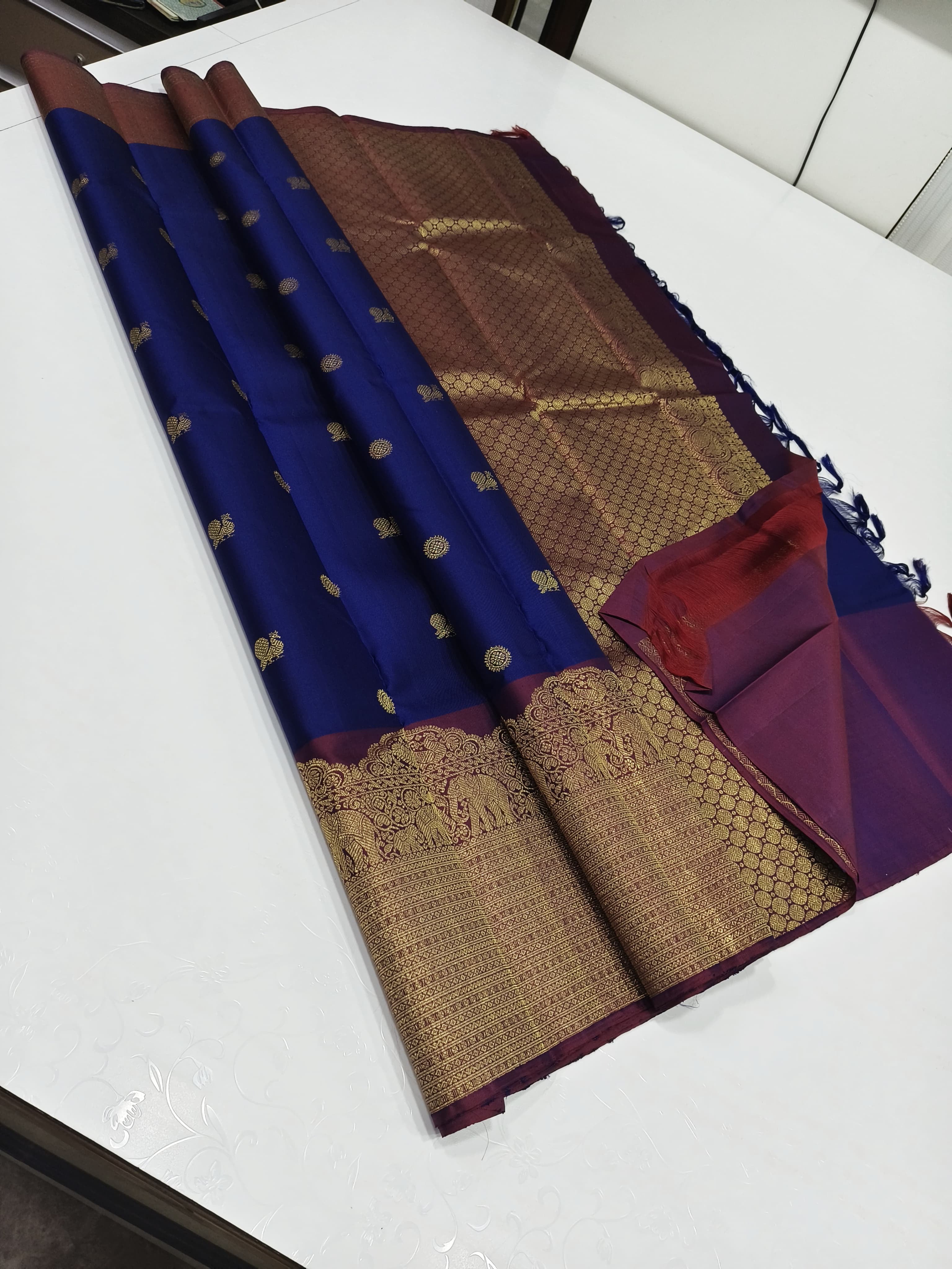Classic Royal Blue & Pink Purple 2gm Zari Kanchipuram Handloom Silk Saree SS25944