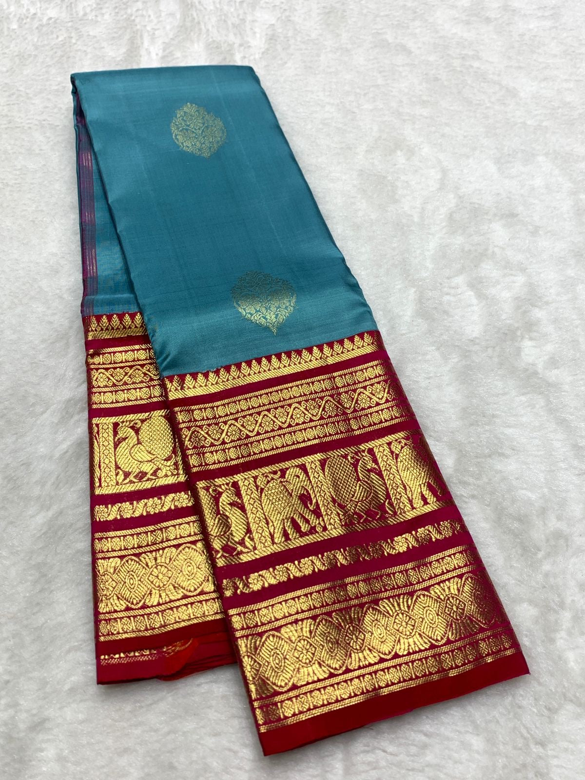 Classic Teal Green & Pink 2gm Zari Bridal Elegance Kanchipuram Handloom Silk Saree SS25274