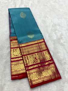 Classic Teal Green & Pink 2gm Zari Bridal Elegance Kanchipuram Handloom Silk Saree SS25274