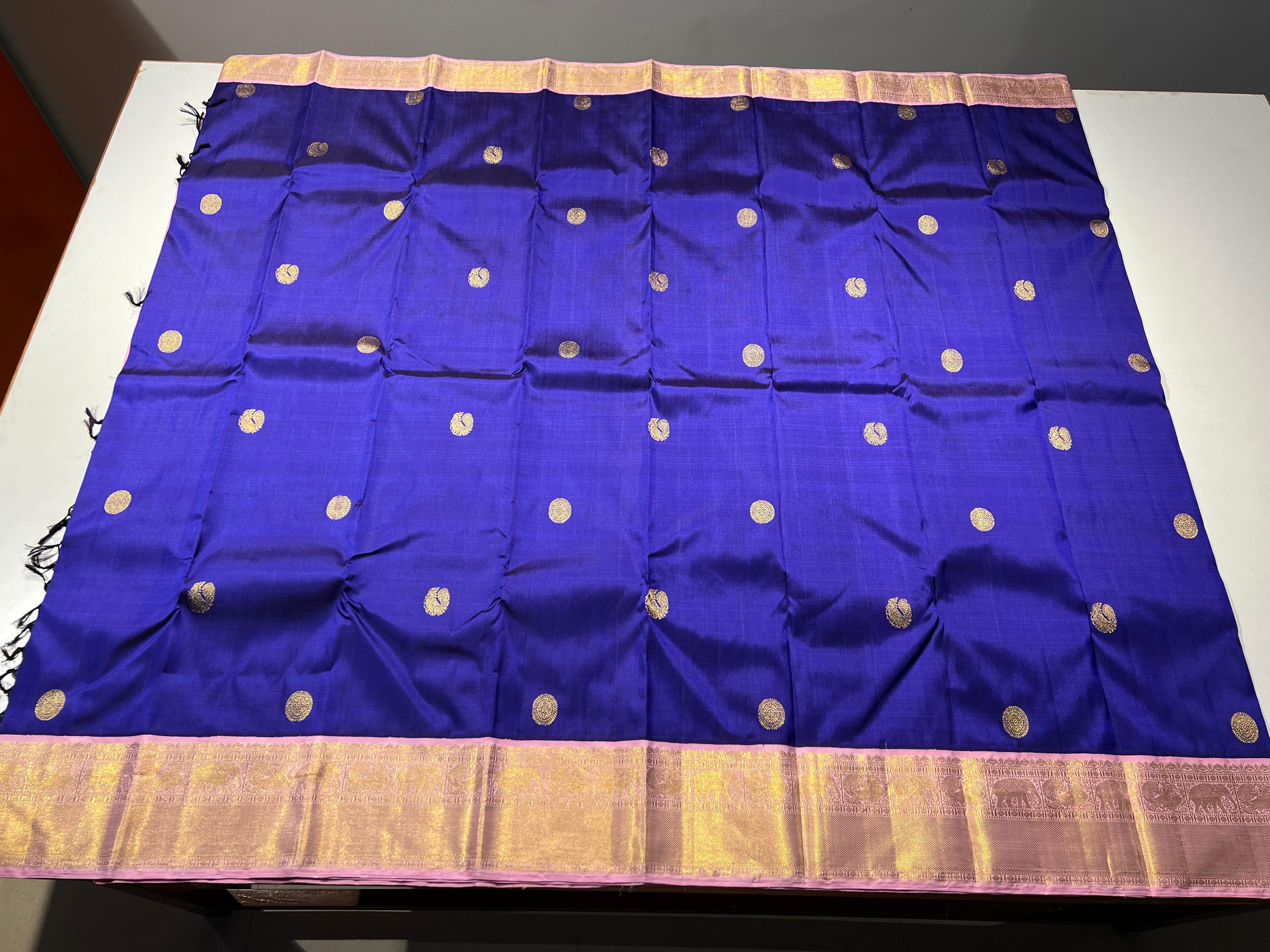 Classic Royal Blue & Baby Pink 2gm Zari Korvai Elegance Kanchipuram Handloom Silk Saree SS24501