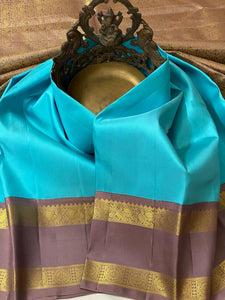 Cerulean Blue & Creamy Cocoa 2gm Zari Elegance Kanchipuram Handloom Silk Saree SS20556