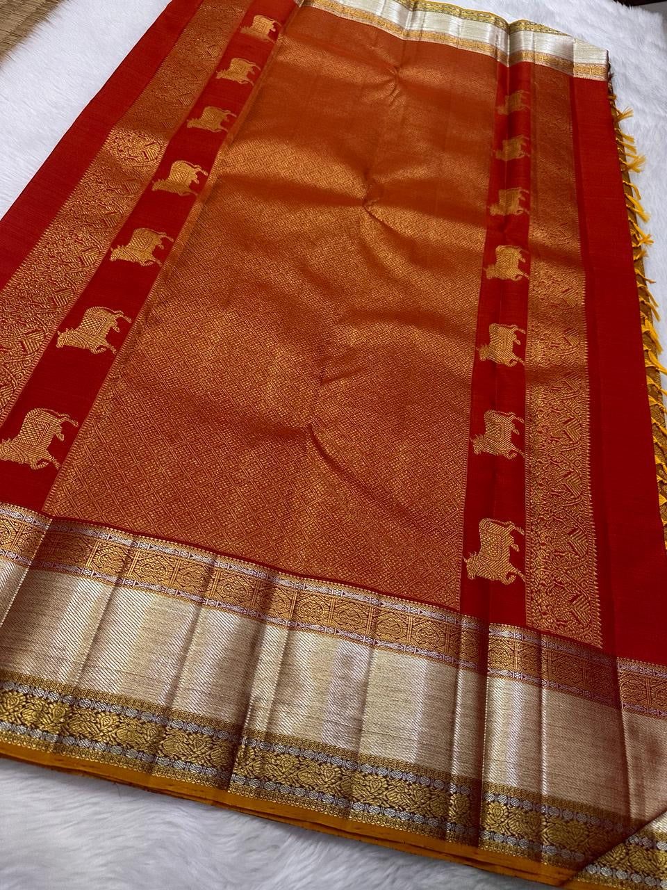 Classic Mustard & Orange Bridal Elegance Kanchipuram Handloom Silk Saree SS21776