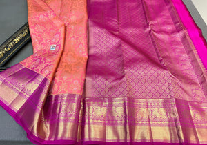 Classic Peachy Orange & Wine Bridal Elegance Kanchipuram Handloom Silk Saree SS24590