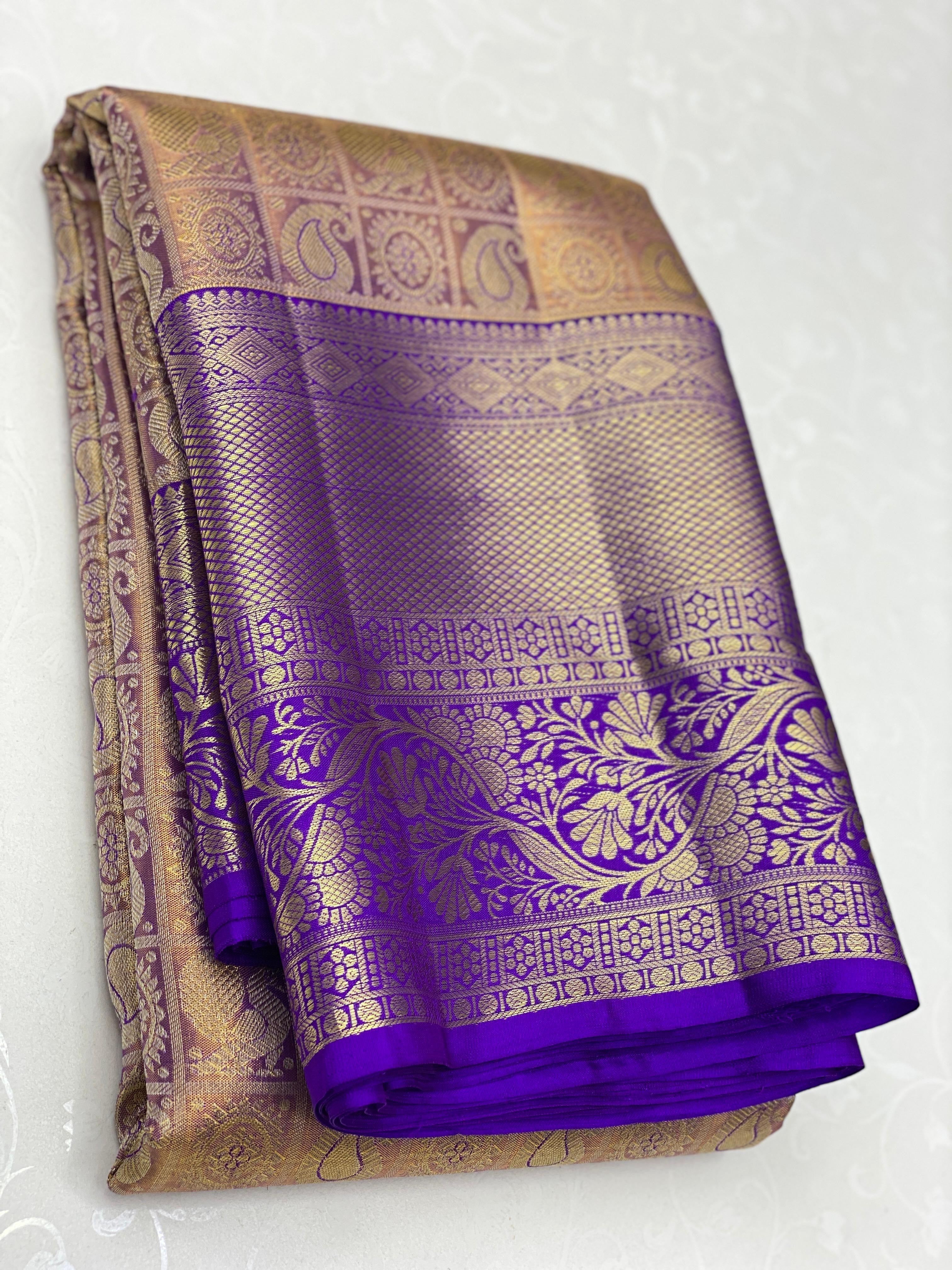 Classic Golden Beige & Lavender 1gm Zari Kanchipuram Handloom Silk Saree SS25699