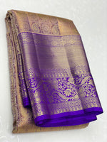 Load image into Gallery viewer, Classic Golden Beige &amp; Lavender 1gm Zari Kanchipuram Handloom Silk Saree SS25699
