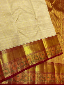 Classic Cream Beige & Barn Red 2gm Zari Meena Border Kanchipuram Handloom Silk Saree SS25591