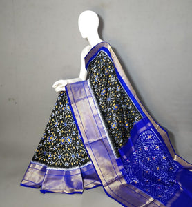 Classic Charcoal Black & Robin Blue Ikkat Elegance Handloom Soft Silk Saree SS23097