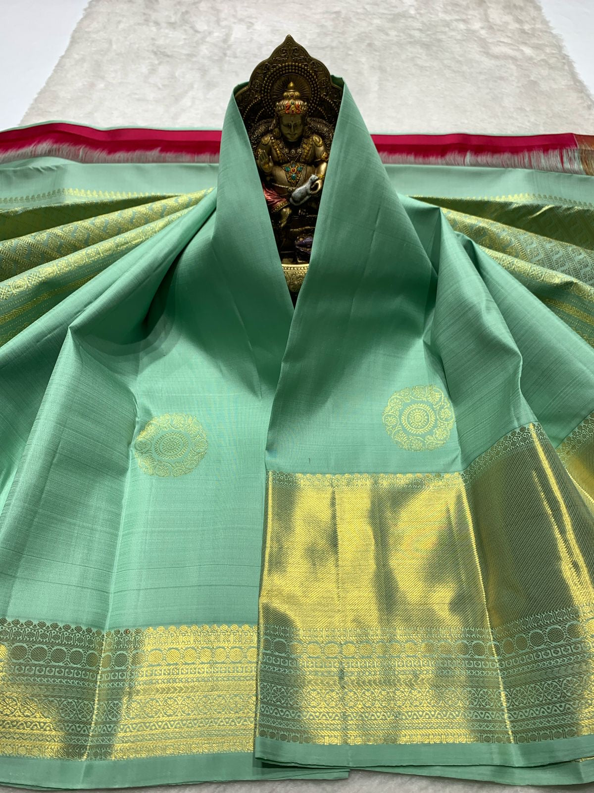 Classic Pastel Green & Chilli Red 2gm Zari Bridal Elegance Kanchipuram Handloom Silk Saree SS24397