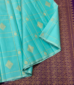 Classic Aqua & Berry Plum 1gm Zari Elegance Kanchipuram Handloom Silk Saree SS25159