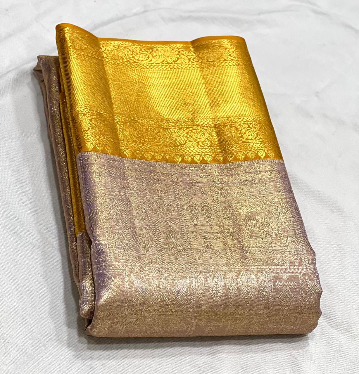 Classic Rose Gold & Mustard 1gm Zari Bridal Elegance Kanchipuram Handloom Silk Saree SS24109