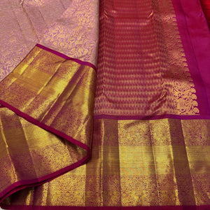 Classic Creamy Pink & Deep Pink 2gm Zari Vanasingaram Bridal Elegance Kanchipuram Handloom Silk Saree SS25935