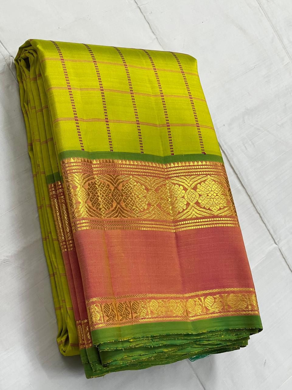Classic Lime Yellow & Orange 2gm Zari Kanchipuram Handloom Silk Saree SS25579