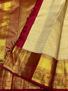 Classic Oatmeal Beige & Barn Red 2gm Zari Elegance Kanchipuram Handloom Silk Saree SS25316
