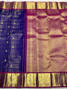 Classic Navy Blue & Dark Wine Pink 2gm Zari Kanchipuram Handloom Silk Saree SS25990
