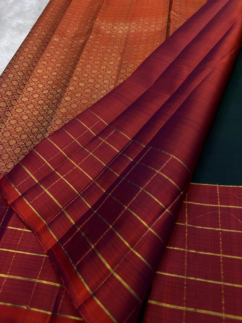 Classic Pine Green & Brick Orange Kanchipuram Handloom Silk Saree SS25905