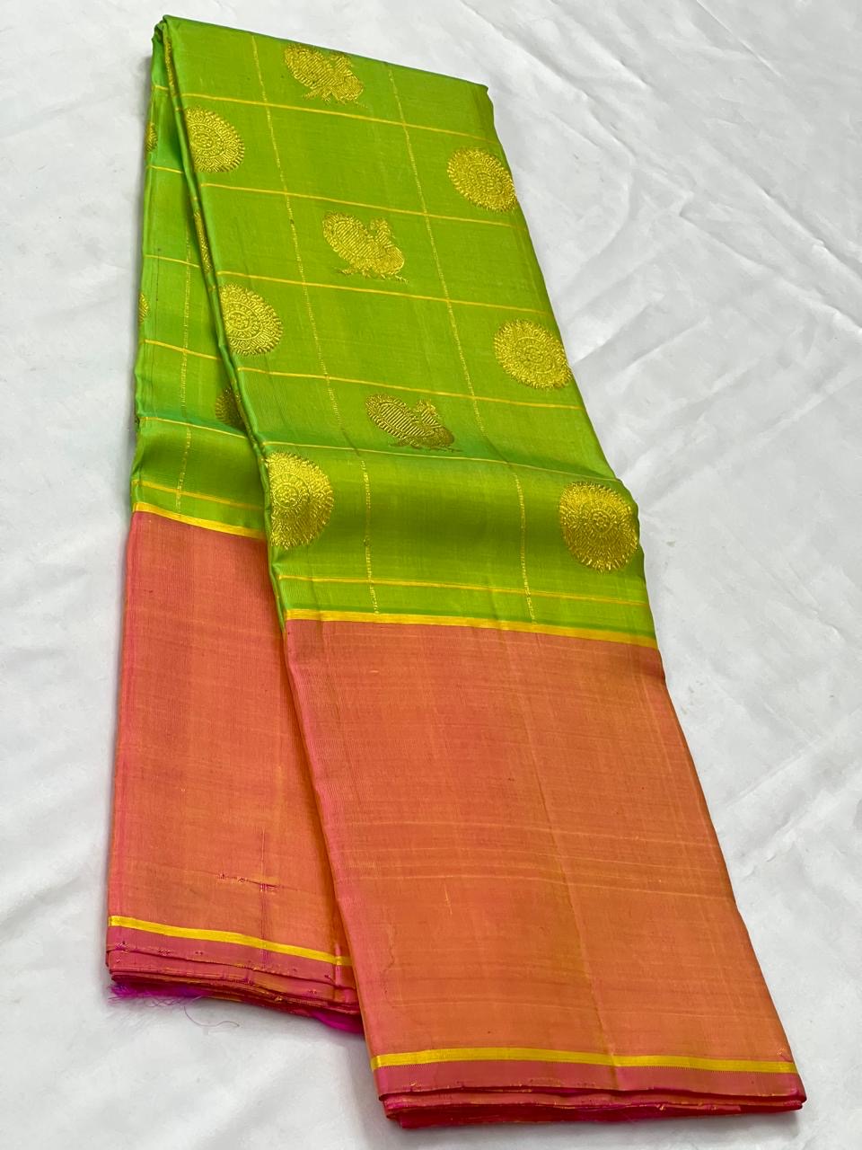 Classic Spring Green & Peachy Rose Elegance Kanchipuram Handloom Silk Saree SS24526