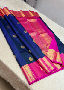 Classic Peacock Blue & Hot Pink 2gm Zari Kanchipuram Handloom Silk Saree SS26375