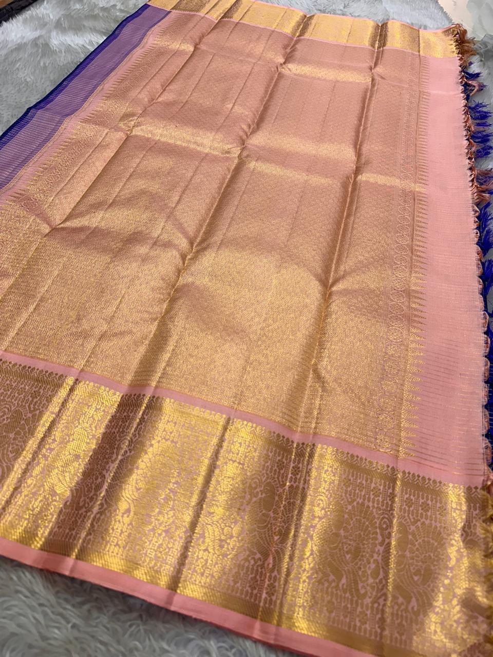 Classic Royal Blue & Baby Pink Kanchipuram Handloom Silk Saree SS26027