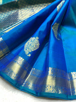 Load image into Gallery viewer, Classic Double Shade Blue 2gm Zari Bridal Elegance Kanchipuram Handloom Silk Saree SS24787
