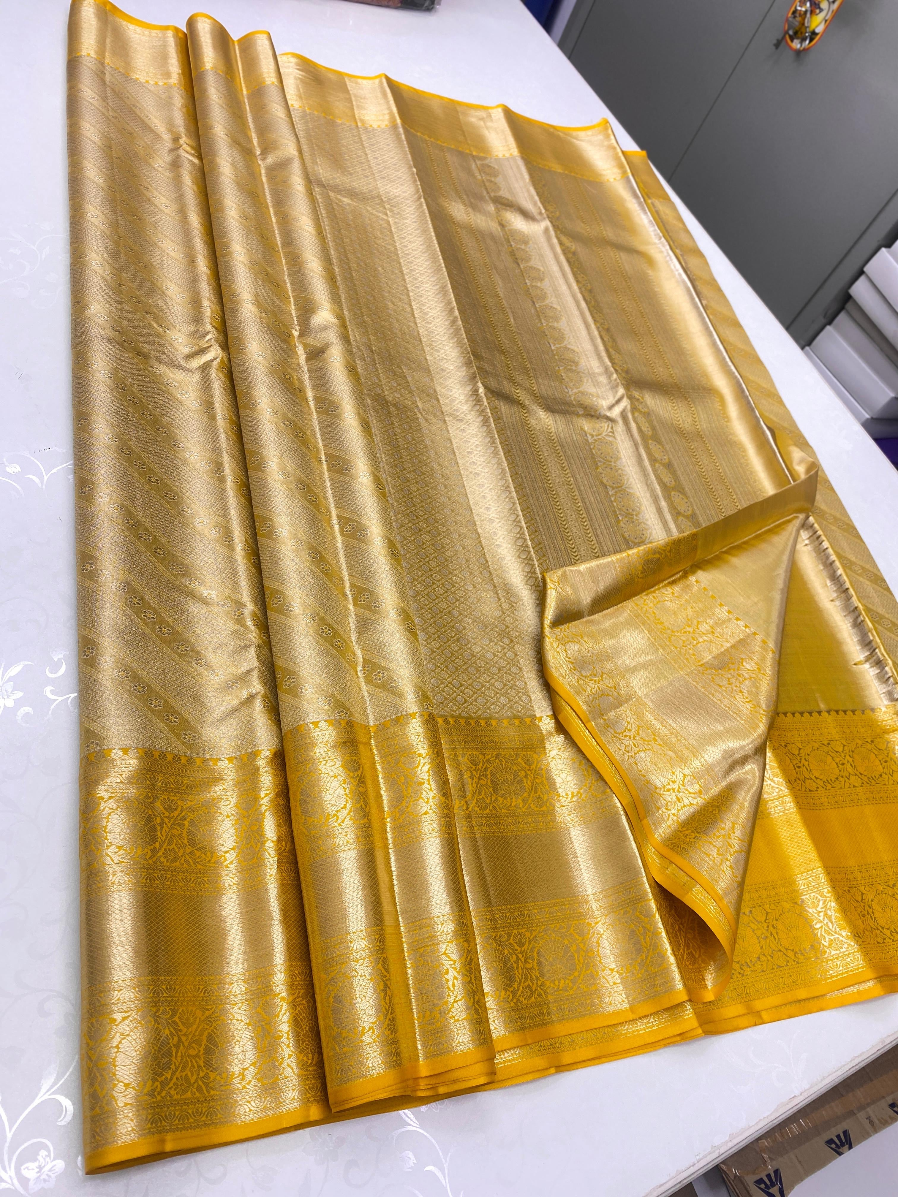 Classic Golden Yellow Beige Bridal Elegance Kanchipuram Handloom Silk Saree SS23924