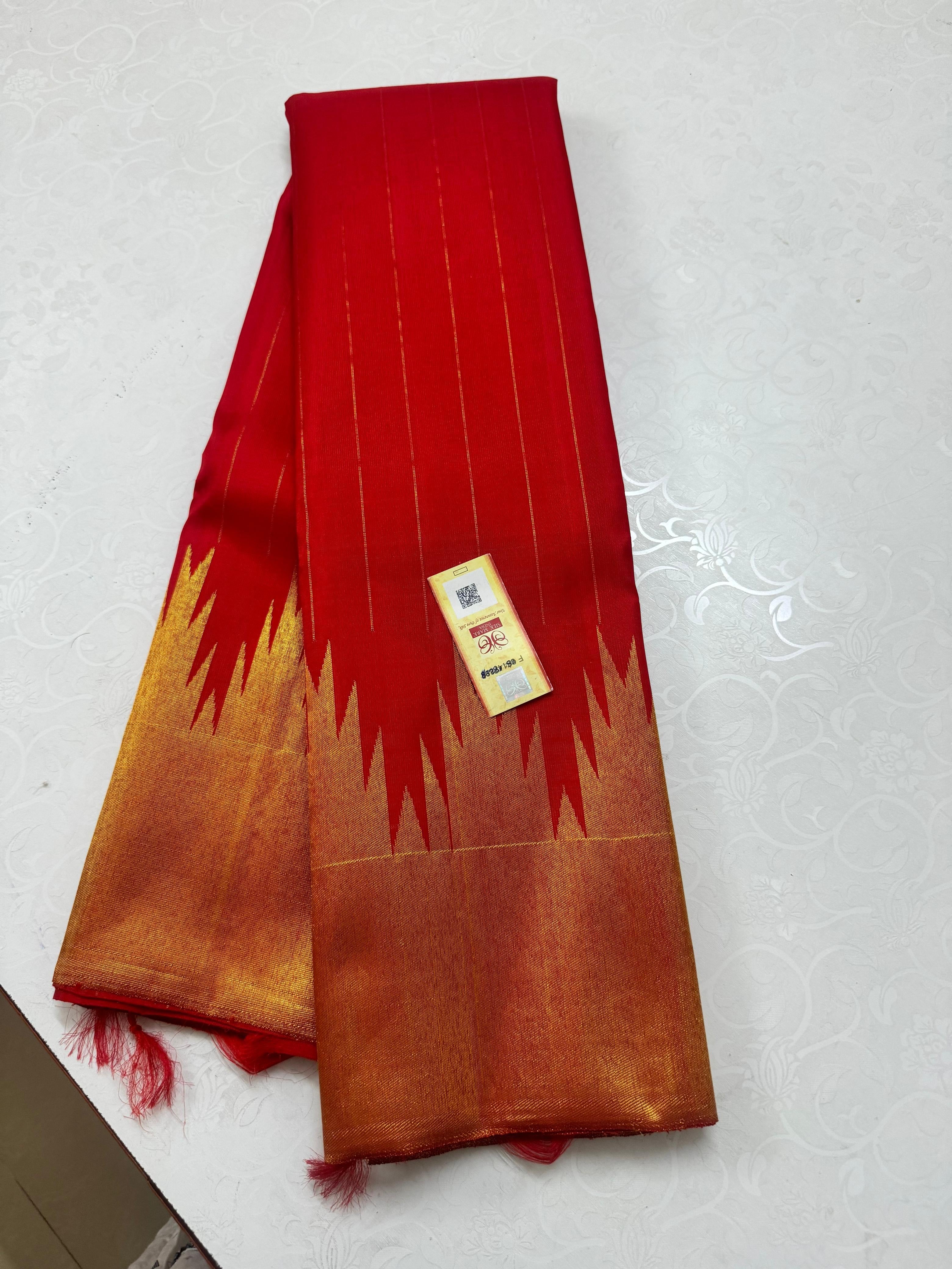 Classic Scarlet Red Temple Zari Lines Kanchipuram Handloom Silk Saree SS25940