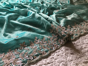 Classic Tinted Blue Handwork Elegance Crushed Tissue Silk Saree SS25698