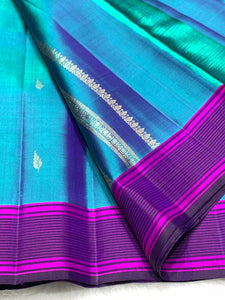 Classic Peacock Blue & Fuchsia Pink 2gm Zari Kanchipuram Handloom Silk Saree SS26502