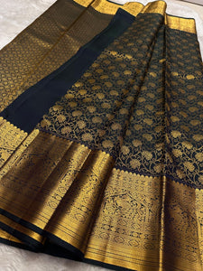 Classic Charcoal Black 2gm Zari Bridal Elegance Kanchipuram Handloom Silk Saree SS24783