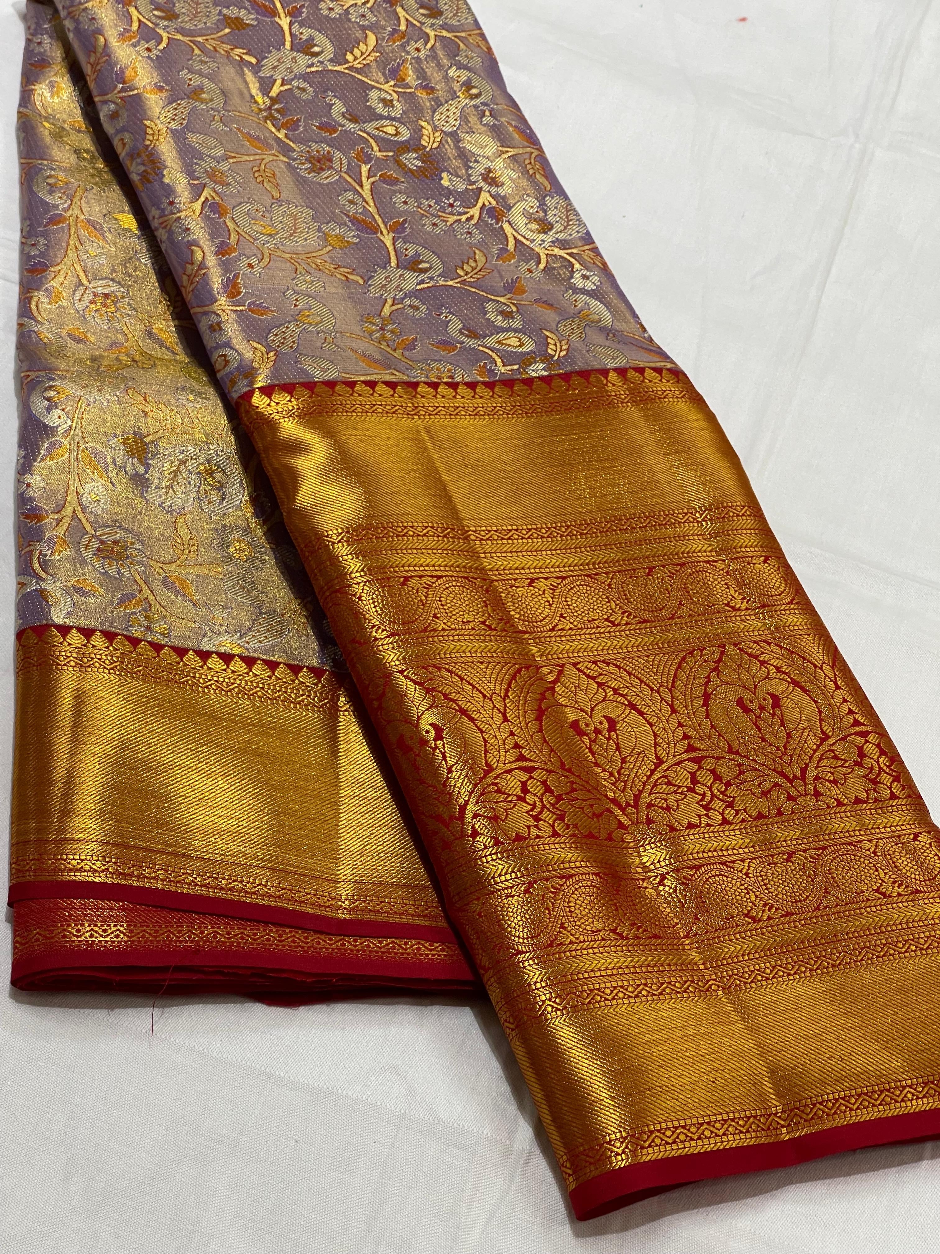 Classic Lavender & Brick Red 2gm Zari Brocade Bridal Elegance Kanchipuram Handloom Silk Saree SS23645