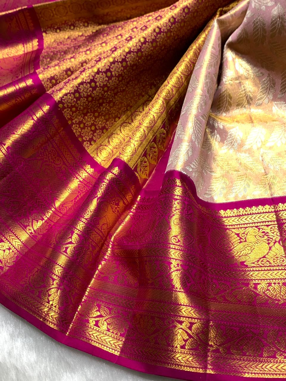 Pastel Pink & Ruby Pink 2gm Zari Bridal Elegance Kanchipuram Handloom Silk Saree SS25284