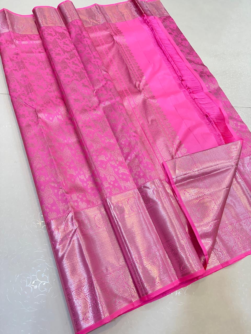 Classic Barbie Pink Silver 2gm Zari Bridal Elegance Kanchipuram Handloom Silk Saree SS24362