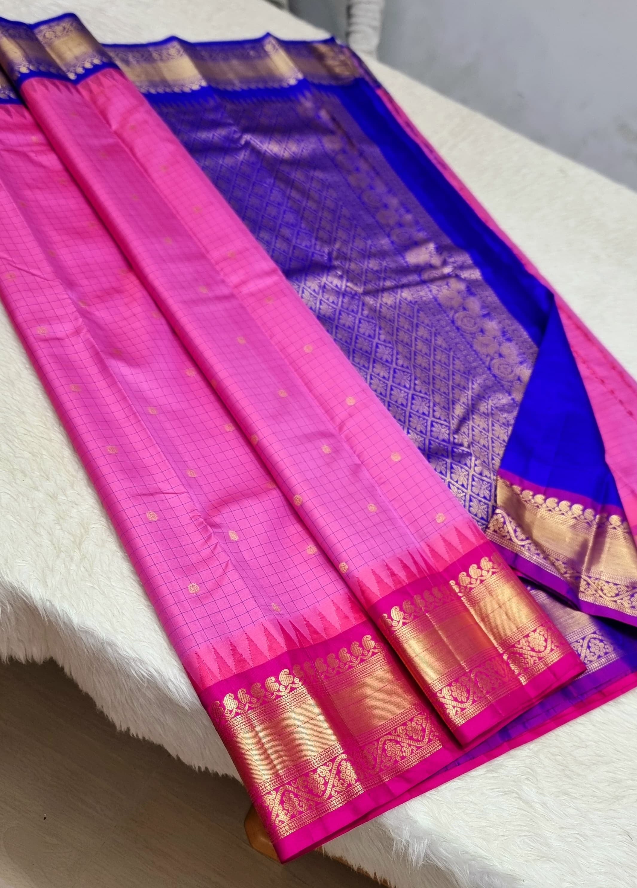 Classic Baby Pink & Robin Blue 1gm Zari Kanchipuram Handloom Silk Saree SS25690