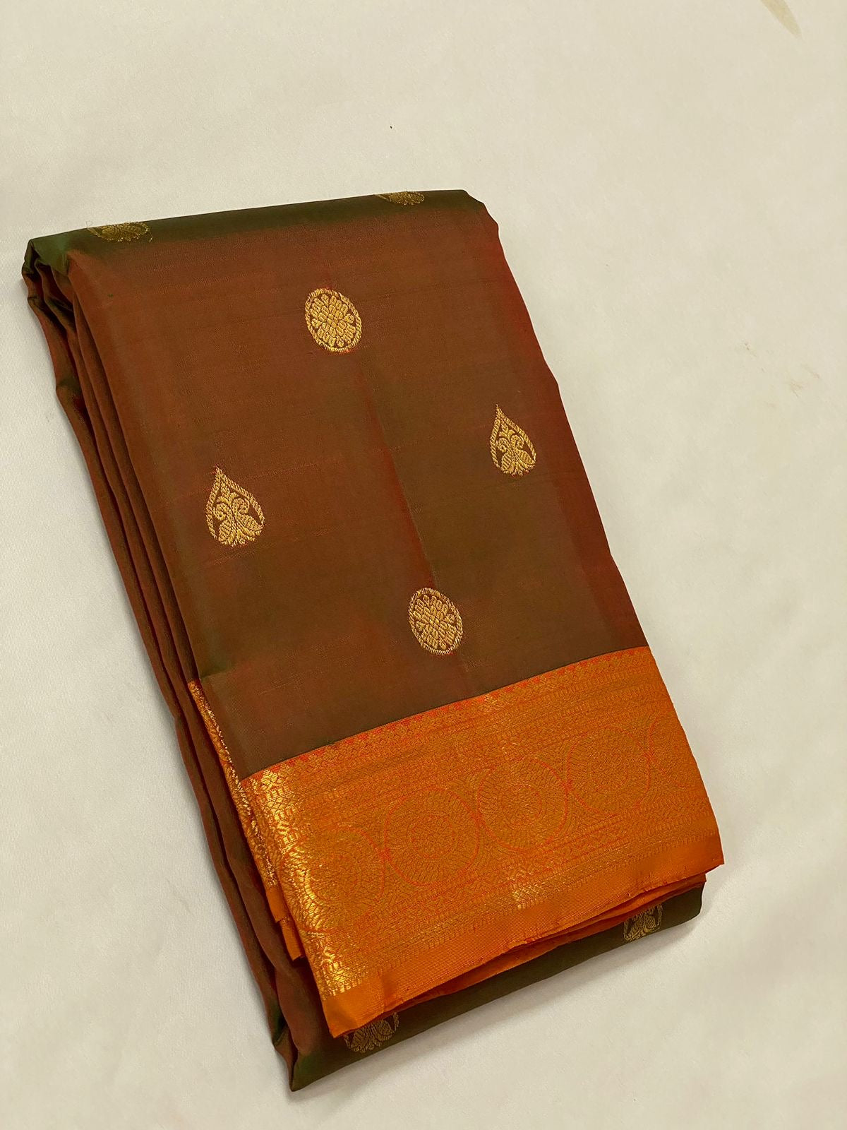 Dual Brown Green & Orange 2gm Zari Bridal Elegance Kanchipuram Handloom Silk Saree SS20459