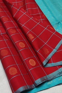 Classic Ruby Red & Ice Blue Elegance Handloom Soft Silk Saree SS24785