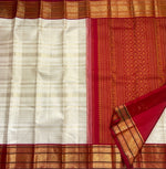 Load image into Gallery viewer, Classic Butter Cream &amp; Crimson Red 2gm Zari Beldari Korvai Bridal Elegance Kanchipuram Handloom Silk Saree SS28367
