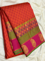 Load image into Gallery viewer, Classic Orange &amp; Fuchsia Pink 2gm Zari Matte Finish Vintage Elegance Kanchipuram Handloom Silk Saree SS27349
