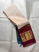 Load image into Gallery viewer, Classic Pearl Cream &amp; Barn Red Blue Elegance Kanchipuram Handloom Silk Saree SS26955
