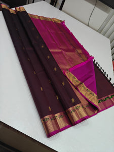 Classic Coffee Brown & Fuchsia Pink 2gm Zari Kanchipuram Handloom Silk Saree SS26510