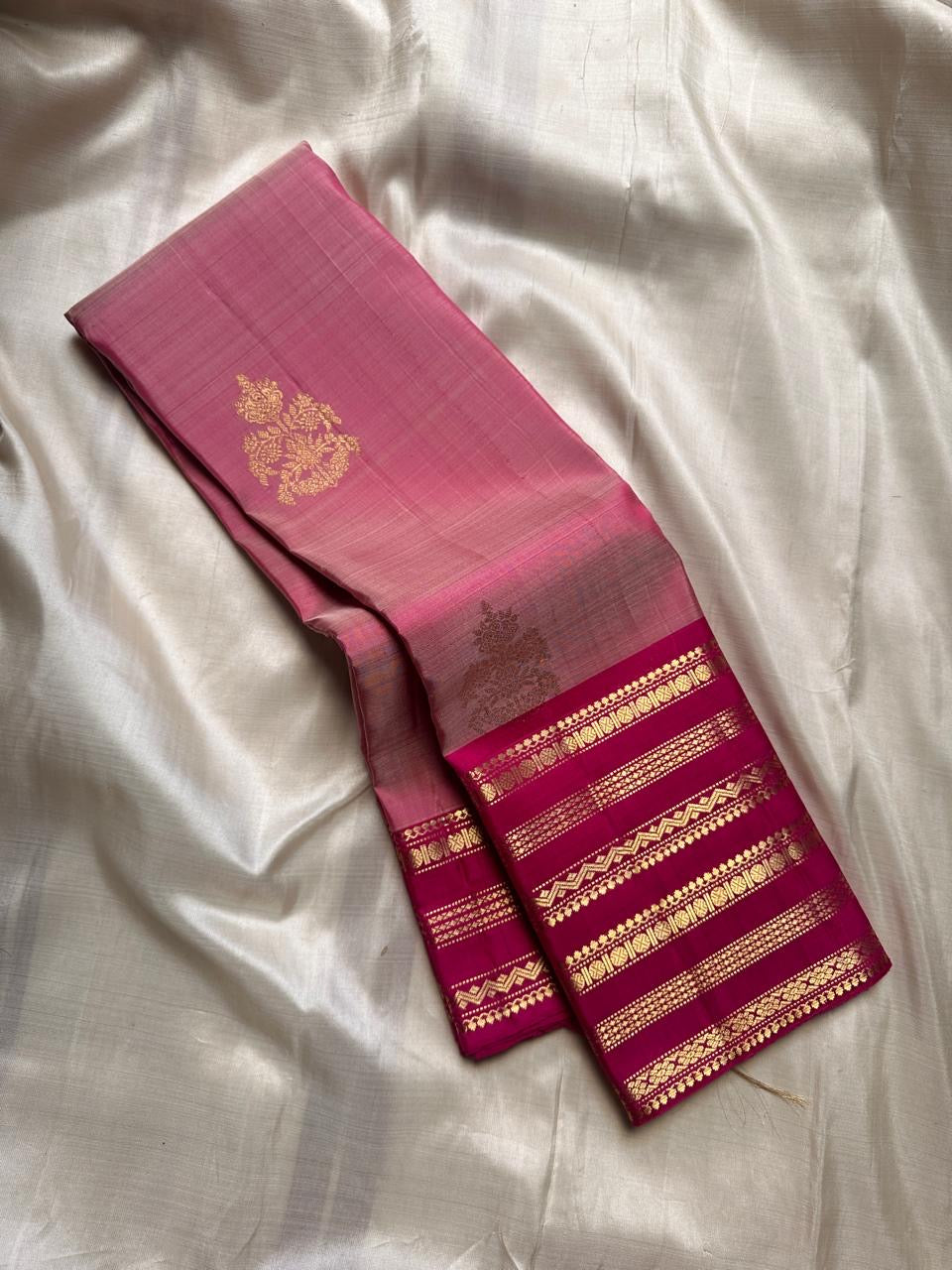 Classic Creamy Pink & Ruby Pink 2gm Zari Bridal Elegance Kanchipuram Handloom Silk Saree SS24766