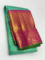 Load image into Gallery viewer, Classic Sea Green &amp; Ruby Pink 2gm Zari Elegance Kanchipuram Handloom Silk Saree SS24263
