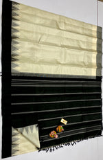 Load image into Gallery viewer, Golden Cream &amp; Charcoal Black Elegance Kanchipuram Handloom Silk Saree SS20511

