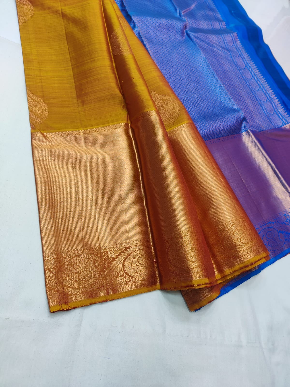 Mustard & Azure Blue Elegance Kanchipuram Handloom Silk Saree SS20626