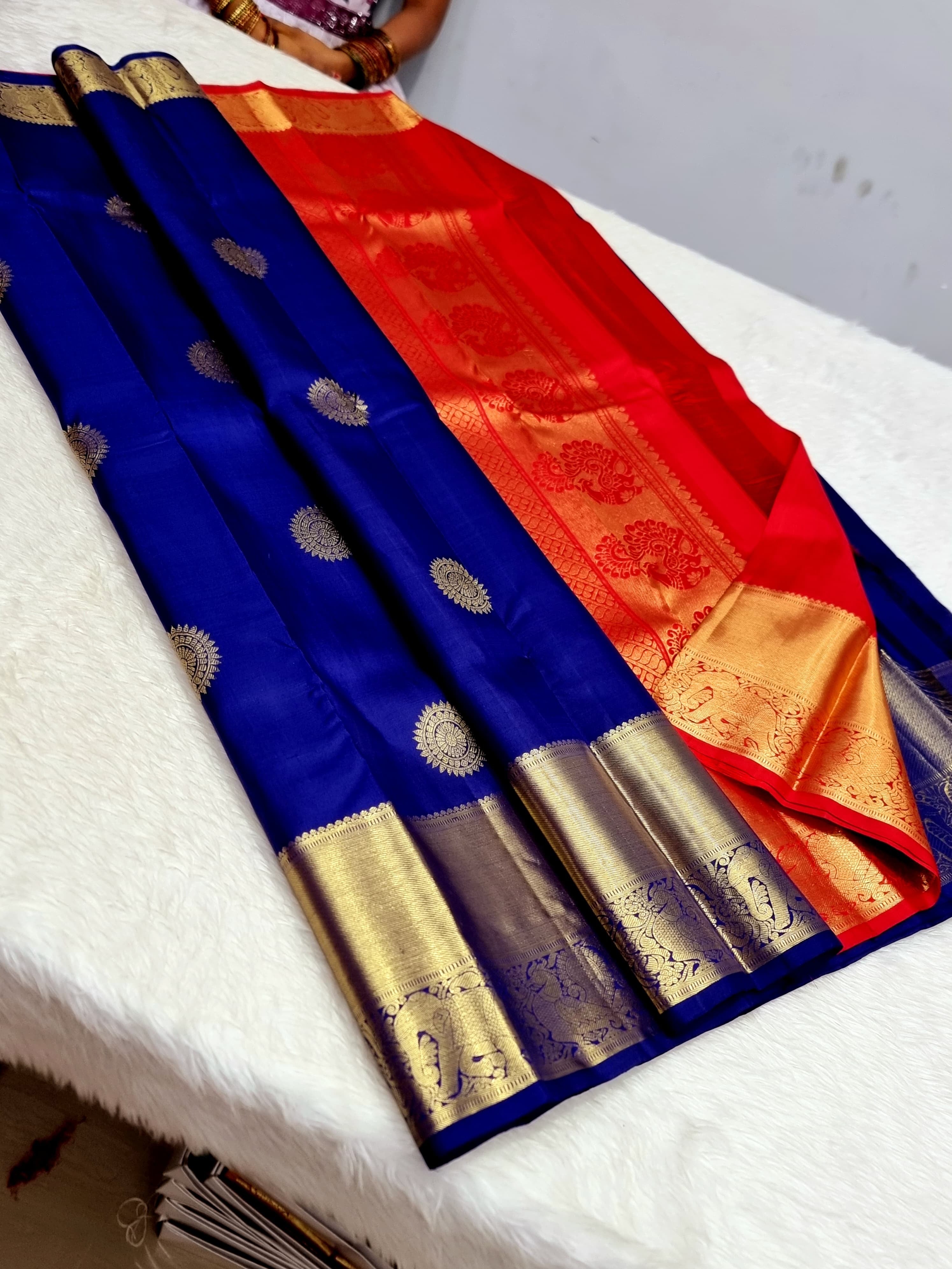 Classic Royal Blue & Orange 1gm Zari Elegance Kanchipuram Handloom Silk Saree SS24351